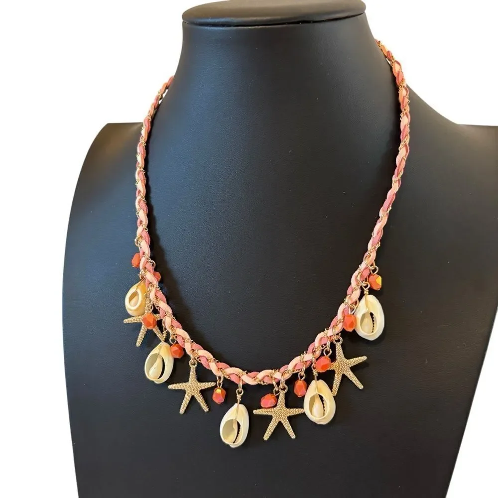 Sparkly Gold Tone Starfish and Shell Charm Necklace.
